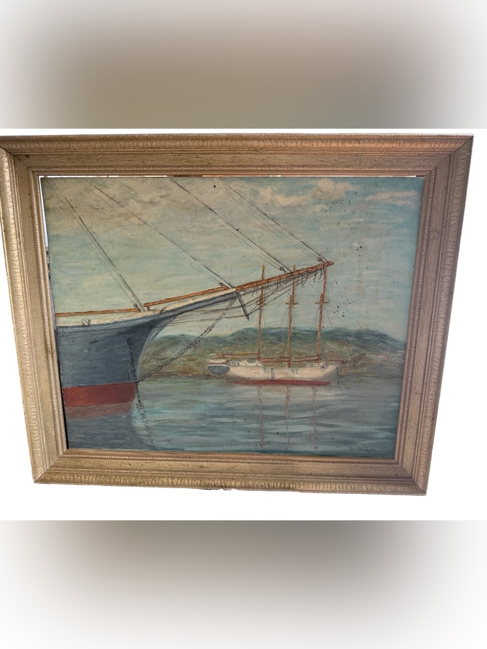 Vintage maritime oil painting. Ships in harbour